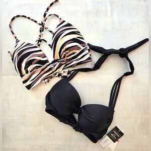SALT + COVE Two Bikini Tops, Black and Black/Tan Print, XS, NWT